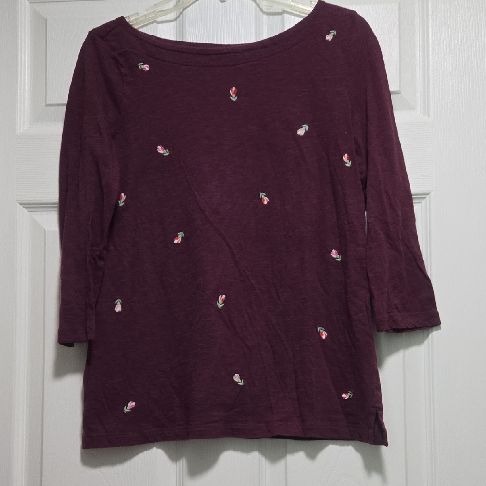 LOFT Dark Purple Embroidered Long Sleeve Top